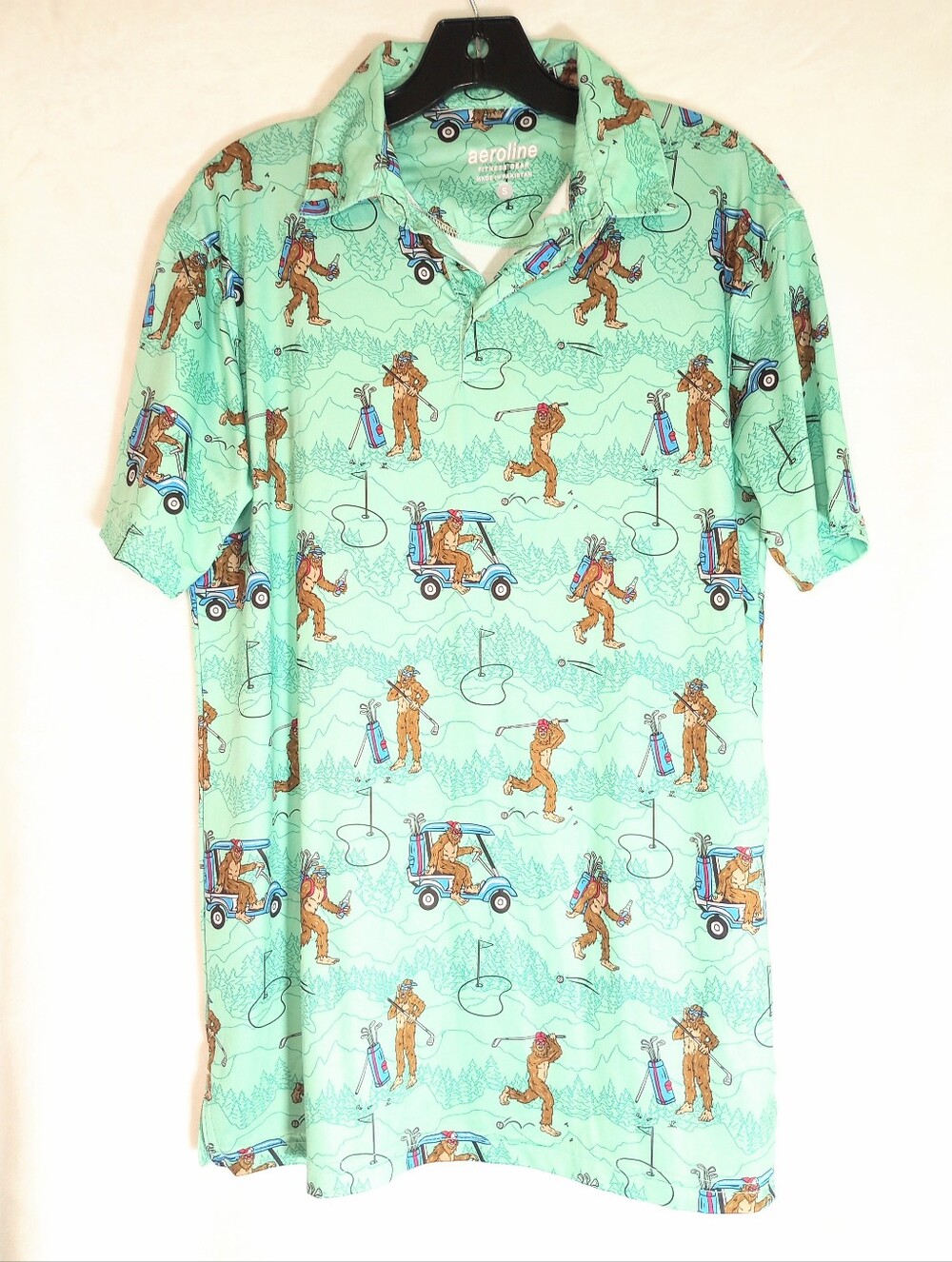 Aeroline Golf Polo Shirt Funny Bigfoot Parody Tee Sasquatch Gold Cart Athletic S